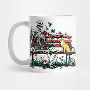 Curious Cat with bench floral bench skeleton Mug